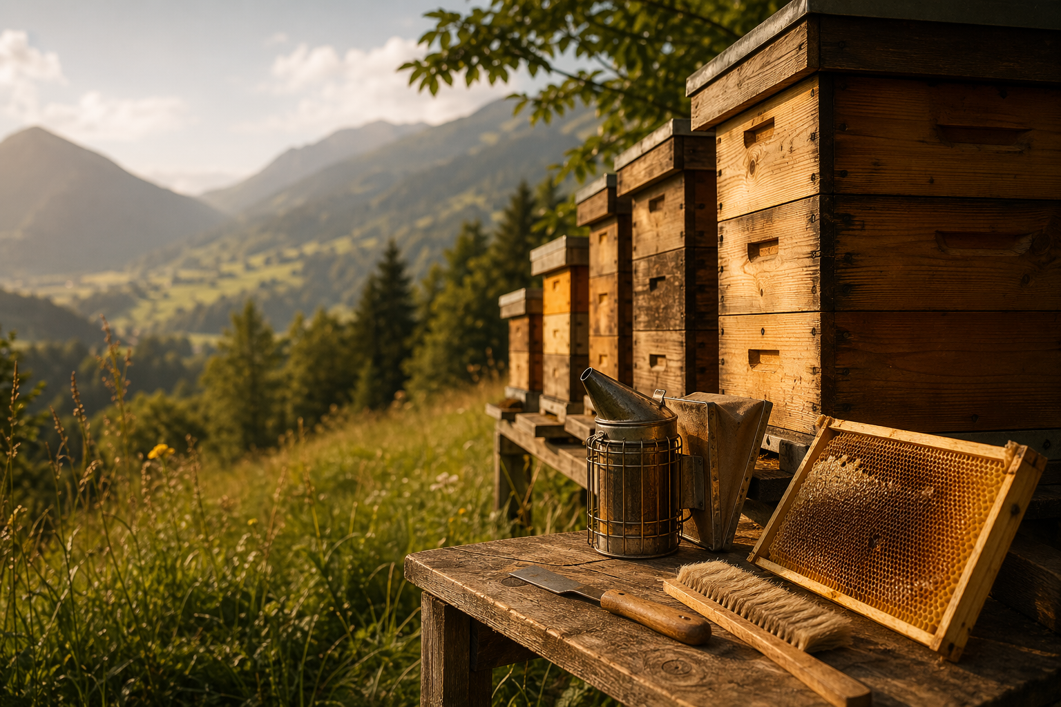Bienenstöcke und Imkerwerkzeuge mit Blick auf das Zillertal