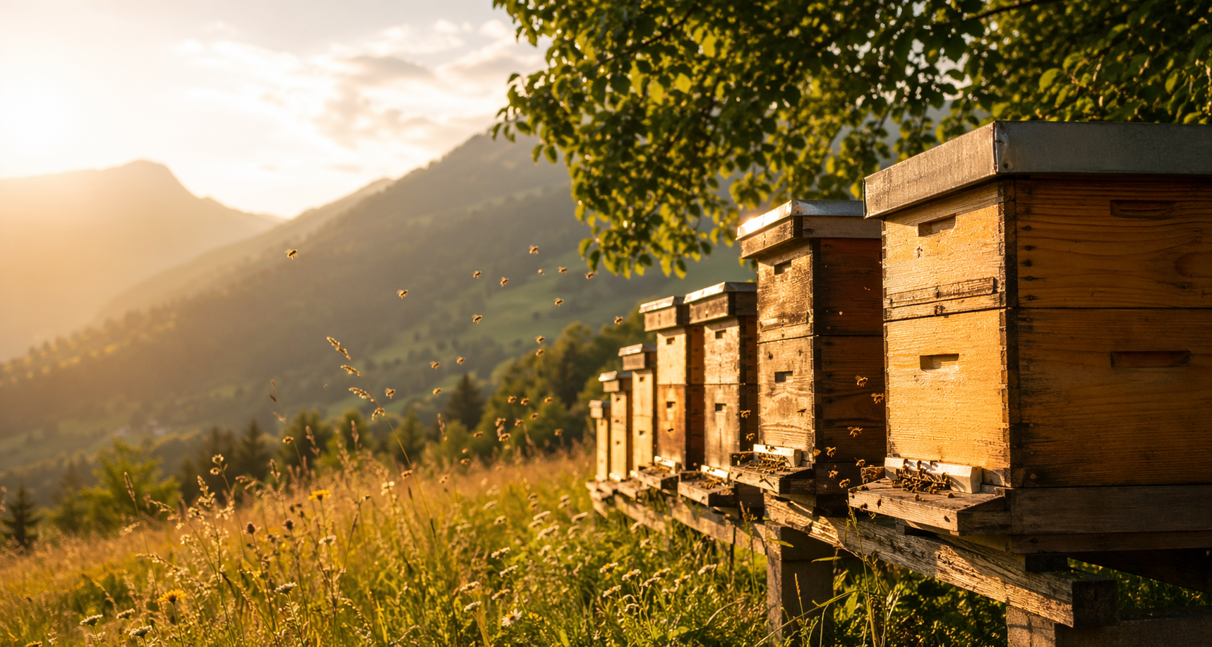 Bienenstöcke im Zillertal im warmen Abendlicht