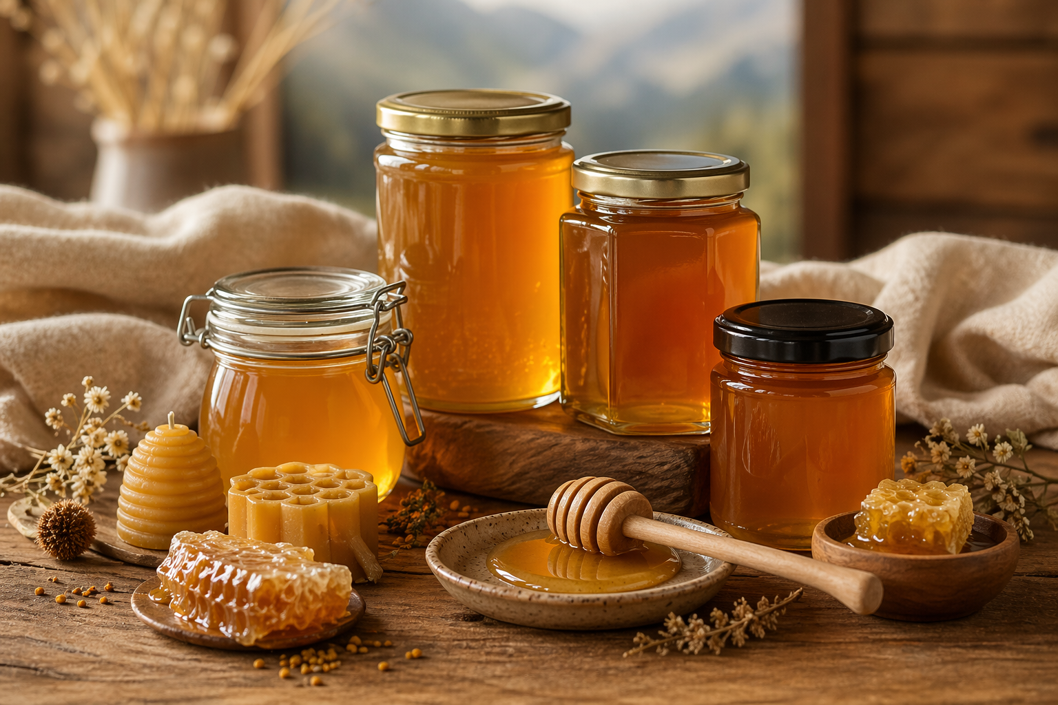 Honiggläser und Wachskerzen aus Bienenwachs